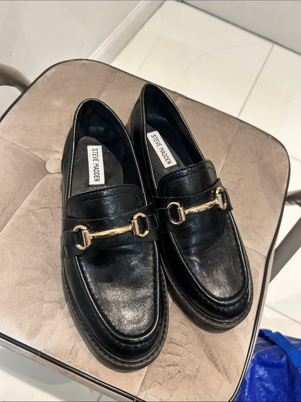 Steve Madden Black Leather Loafers with Gold Bit
